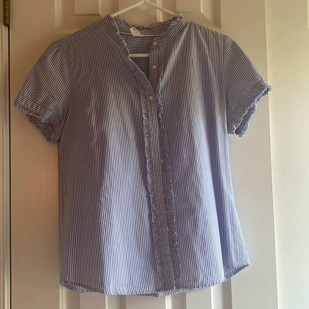 Womens JCrew Button down short sleeve with ruffles - purple and white stripe